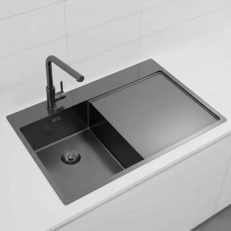 Pure.Sink Exclusivo Gun Metal kleines Spülbecken mit Abtropffläche 78x52 cm Tapwing links PEX3478LT-61