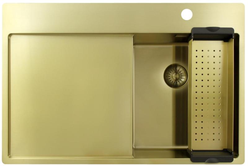 Pure.Sink Exclusivo Goldenes kleines Spülbecken mit Abtropffläche 78 x 52 cm Wasserhahn rechts PEX3478RT-60