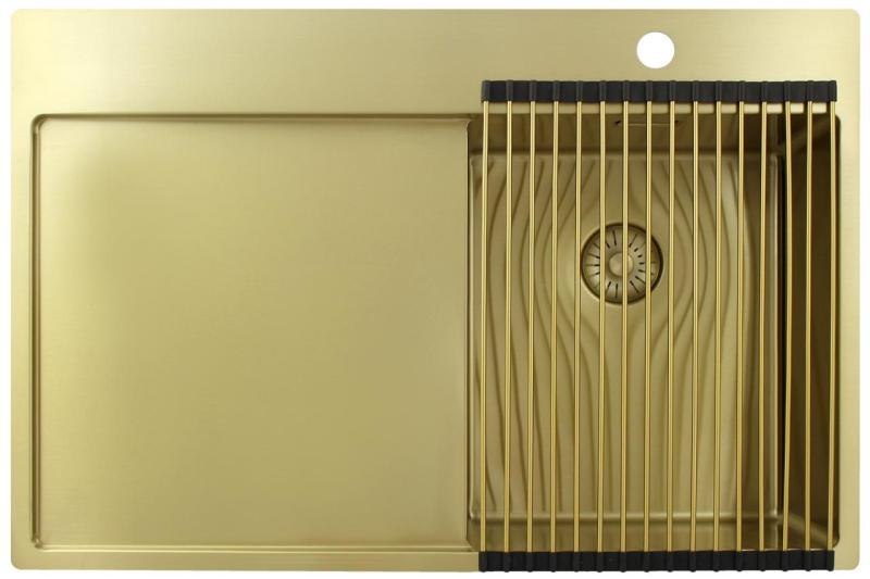 Pure.Sink Exclusivo Goldenes kleines Spülbecken mit Abtropffläche 78 x 52 cm Wasserhahn rechts PEX3478RT-60