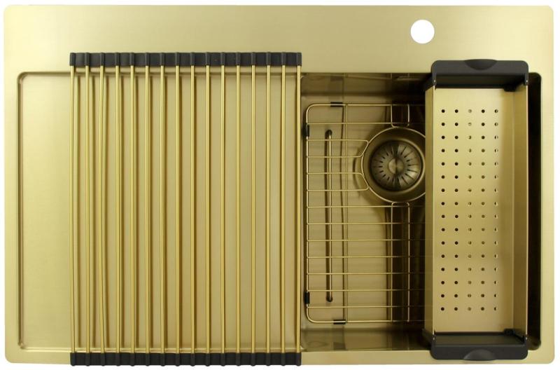 Pure.Sink Exclusivo Goldenes kleines Spülbecken mit Abtropffläche 78 x 52 cm Wasserhahn rechts PEX3478RT-60