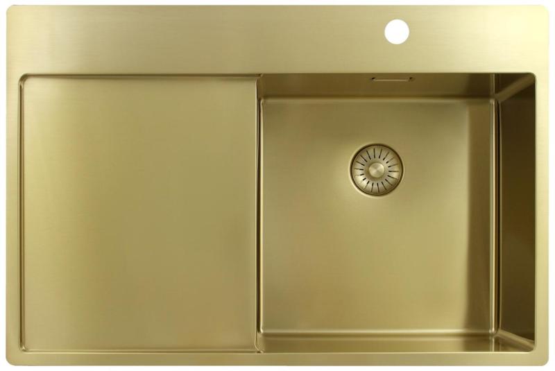 Pure.Sink Exclusivo Goldene Spüle mit Abtropffläche 78 x 52 cm Wasserhahn rechts PEX4078RT-60