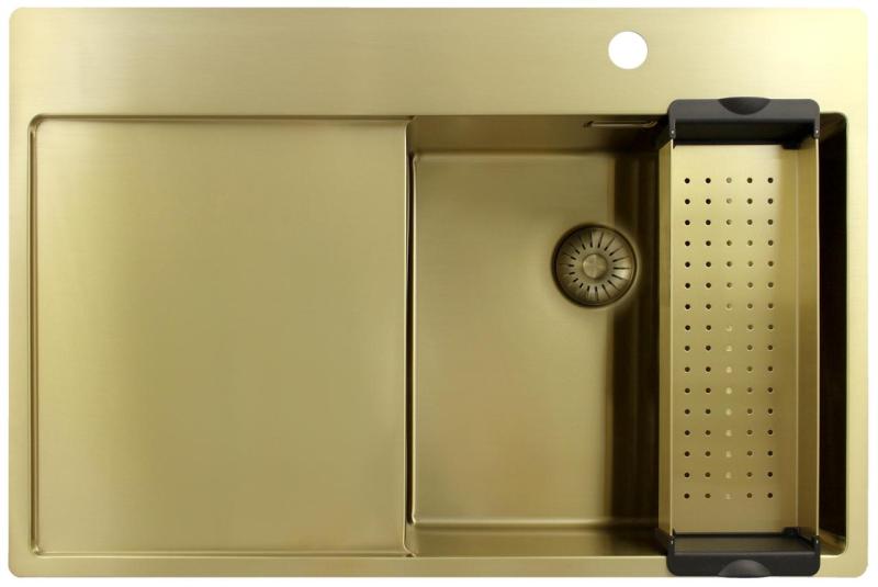 Pure.Sink Exclusivo Goldene Spüle mit Abtropffläche 78 x 52 cm Wasserhahn rechts PEX4078RT-60