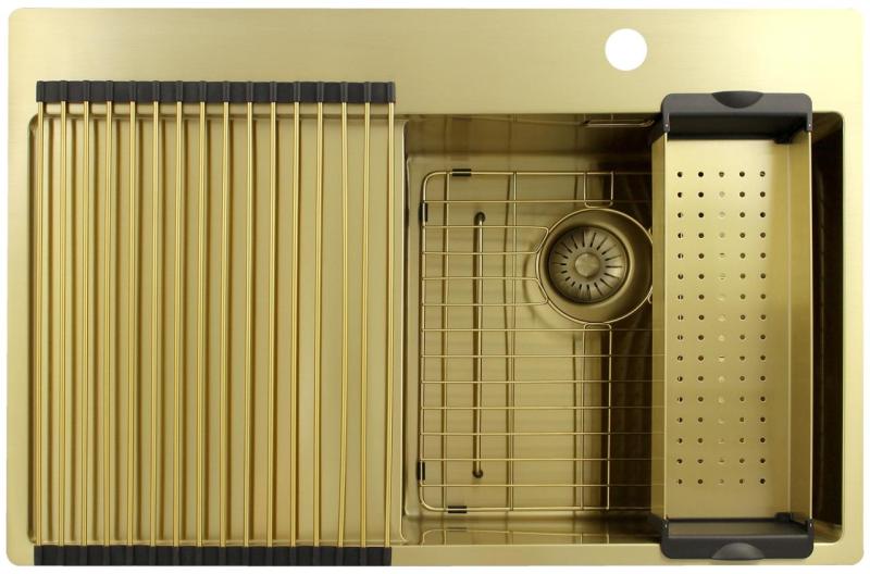 Pure.Sink Exclusivo Goldene Spüle mit Abtropffläche 78 x 52 cm Wasserhahn rechts PEX4078RT-60