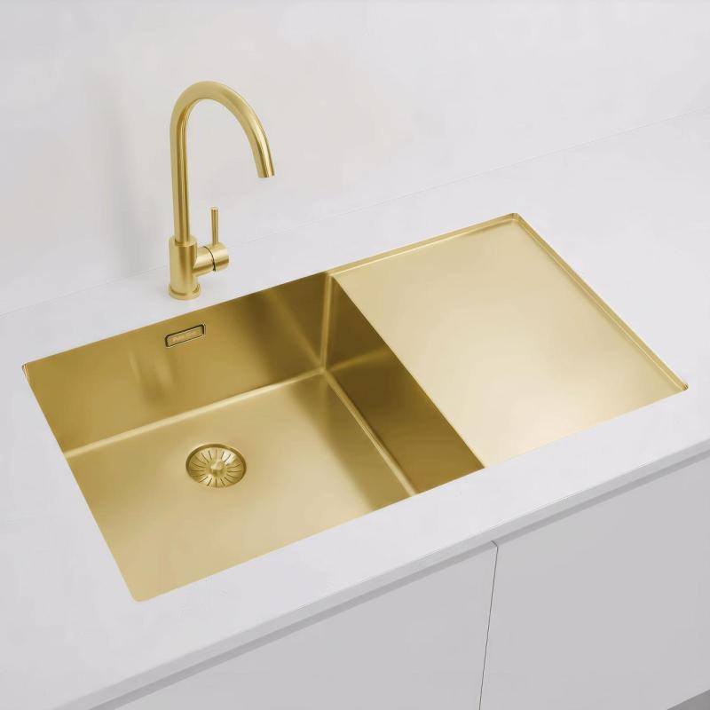 Pure.Sink Exclusivo Goldfarbene Spüle mit Abtropffläche 86 x 52 cm Wasserhahn links PEX5086LT-60