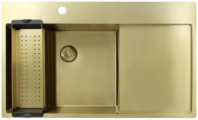 Pure.Sink Exclusivo Goldfarbene Spüle mit Abtropffläche 86 x 52 cm Wasserhahn links PEX5086LT-60