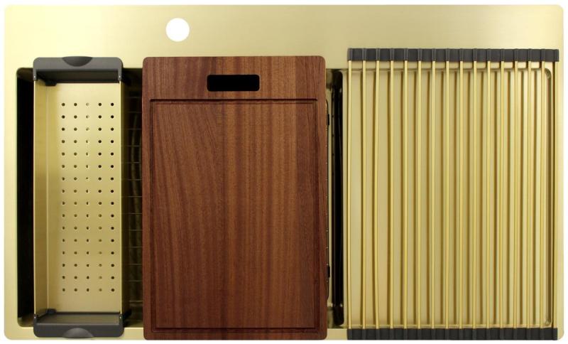 Pure.Sink Exclusivo Goldfarbene Spüle mit Abtropffläche 86 x 52 cm Wasserhahn links PEX5086LT-60