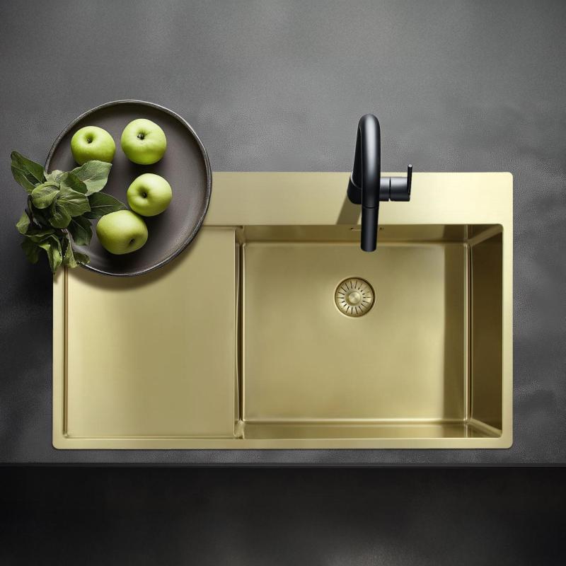 Pure.Sink Exclusivo Goldfarbene Spüle mit Abtropffläche 86 x 52 cm Wasserhahn links PEX5086LT-60