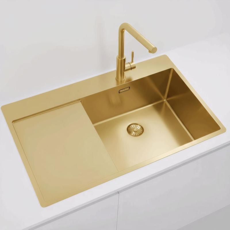 Pure.Sink Exclusivo Goldene Spülbecken mit Abtropffläche 86x52 cm Tapwing rechts PEX5086RT-60