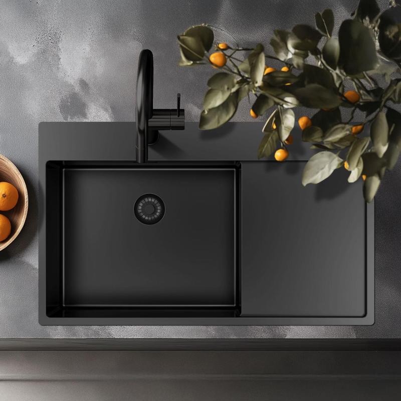 Pure.Sink Exclusivo Gun Metal Spülbecken mit Abtropffläche 86x52 cm Tapwing rechts PEX5086RT-61