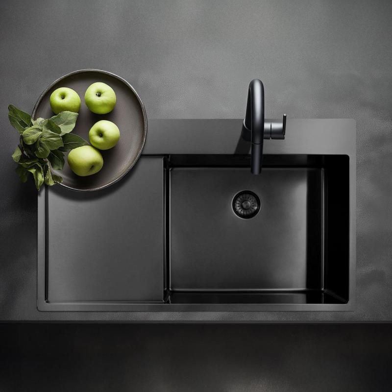 Pure.Sink Exclusivo Gun Metal Spülbecken mit Abtropffläche 86x52 cm Tapwing rechts PEX5086RT-61