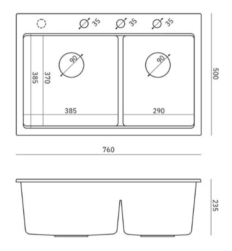 Quadri Hard Rock Doppeltes weißes Granit-Aufbauwaschbecken 76 x 50 cm mit Kupferstecker und Zubehör 1208971357