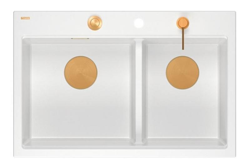 Quadri Hard Rock Doppeltes weißes Granit-Aufbauwaschbecken 76 x 50 cm mit Kupferstecker und Zubehör 1208971357