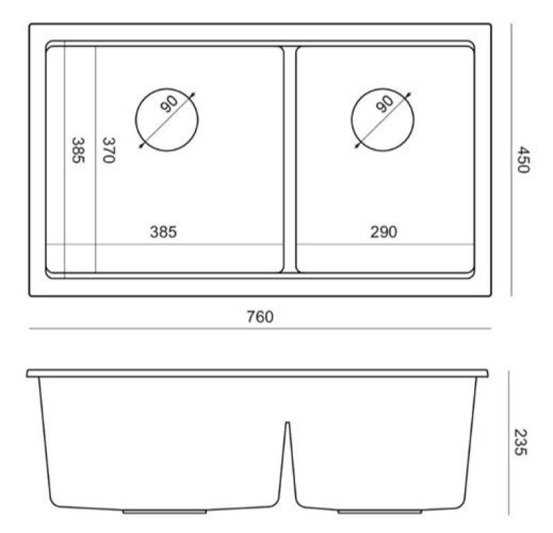 Quadri Newport II Doppeltes Graues Granit-Aufbauspüle 76x45 cm mit Kupferstopfen 1208971360