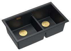 Quadri Newport II Doppelte Schwarze Granit Unterbau Spüle 702 x 390 mm mit goldenem Stopfen 1208971381