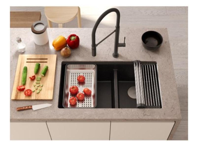 Quadri Newport II Doppelte Taupe Granit Unterbau Spüle 702 x 390 mm mit goldenem Plug 1208971382