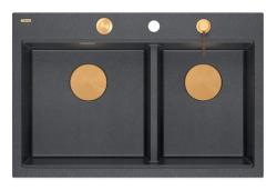 Quadri Hard Rock Doppel Anthrazit Granit Aufbauwaschbecken 76x50 cm mit Kupferstöpsel und Zubehör 1208971388