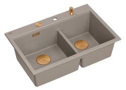 Quadri Hard Rock Doppelte Taupe Granit Aufbau Spüle 76x50 cm mit Kupferstöpsel und Zubehör 1208971391