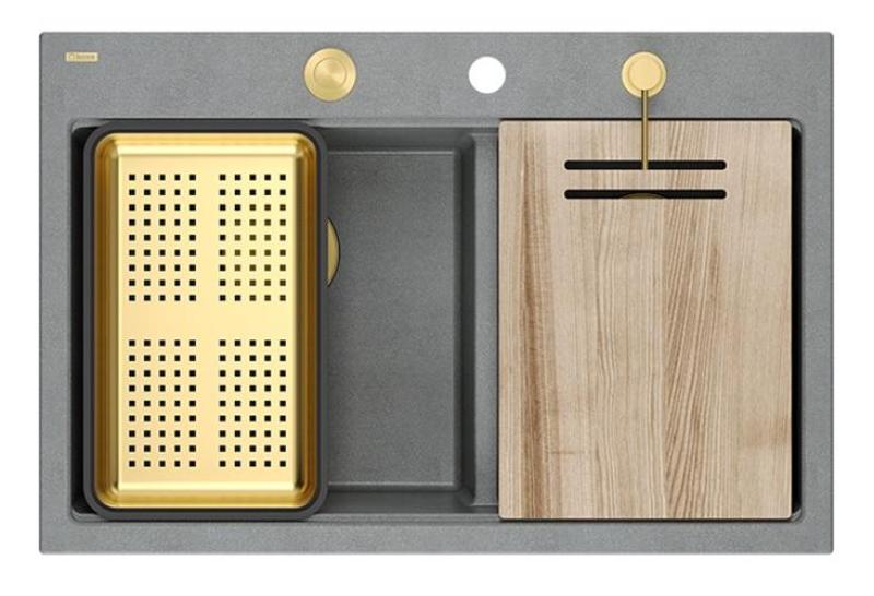 Quadri Hard Rock Doppelgraue Granit-Aufbauspüle 76x50 cm mit goldenem Stopfen und Zubehör 1208971394