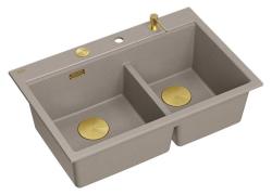 Quadri Hard Rock Doppel Taupe Granit Aufbau Spülbecken 76x50 cm mit goldenem Stecker und Zubehör 1208971396