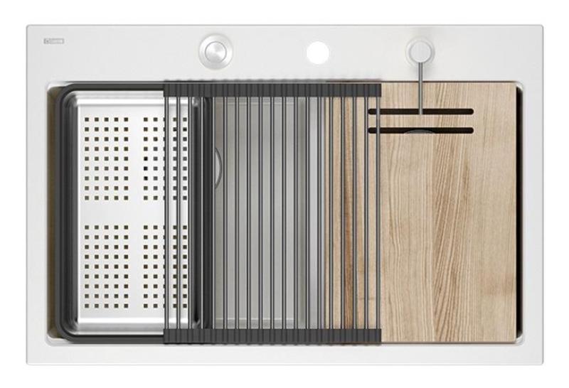 Quadri Hard Rock Doppelte Weiße Granit Aufbau Spüle 76x50 cm mit Edelstahl-Stecker und Zubehör 1208971398