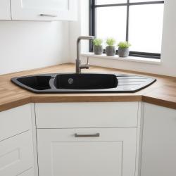 Graniteland Monte Granit Schwarze Eckspüle Aufbau 901x538mm mit Edelstahlstecker 1208971413