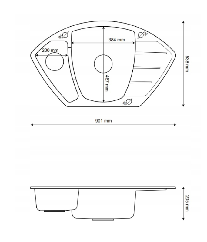 Graniteland Monte Granit beige Eckspüle Aufbau 901x538mm mit Edelstahl Stopfen 1208971414