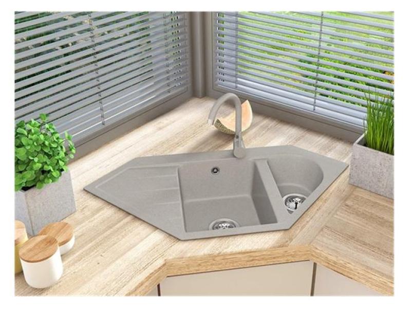 Graniteland Amiata Granit beige Eckspüle Aufbau 965x496mm mit Edelstahl-Stecker 1208971417