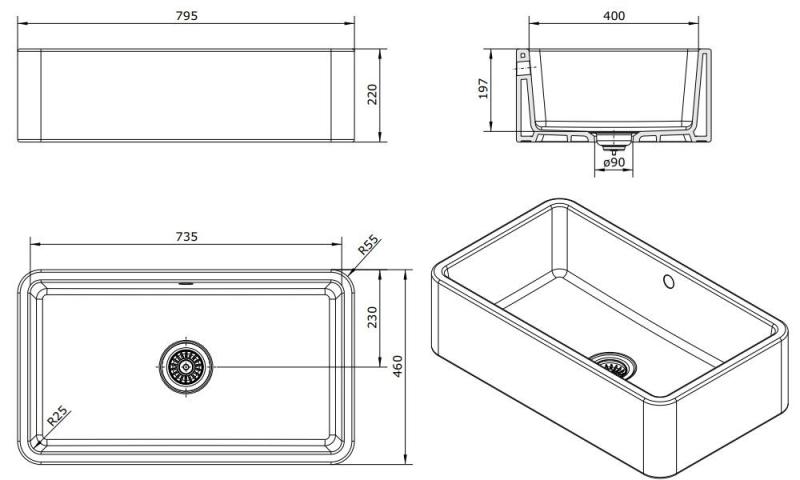 Ausmann Ceramic Mira Keramische Weiße Spüle - Unterbau und Zwischenbau 795 x 460 mm mit goldenem Stecker 1208971466