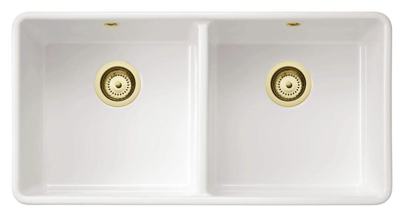 Ausmann Ceramic Mira Keramische Weiße Doppelspüle - Unterbau und Zwischenbau 890 x 456 mm mit goldenen Steckern 1208971471