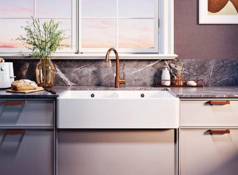 Ausmann Ceramic Mira Keramische Weißer Doppelspülbecken - Unterbau und Zwischenbau 890 x 456 mm mit schwarzen Stopfen 1208971474