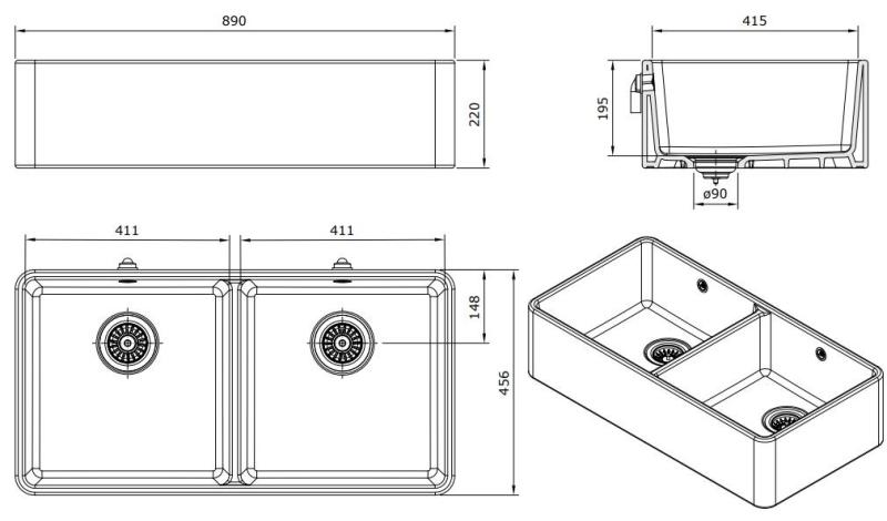 Ausmann Ceramic Mira Keramische Weiße Doppelspüle - Unterbau und Zwischenbau 890 x 456 mm mit Weißen Stopfen 1208971475