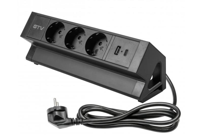 Möbelsteckdose BASCO, 3xSCHUKO, USB A+C, Kabel 1,5 m, schwarz