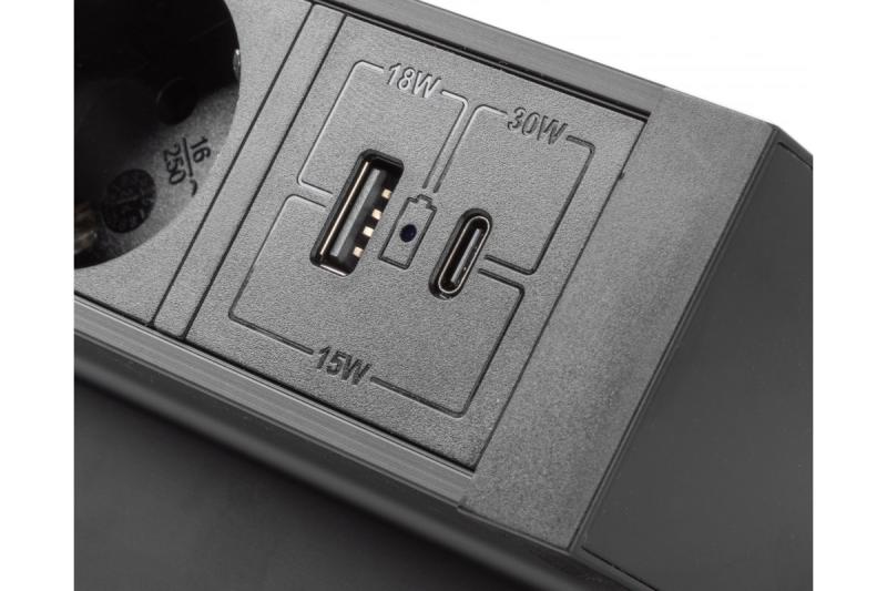 Möbelsteckdose BASCO, 3xSCHUKO, USB A+C, Kabel 1,5 m, schwarz