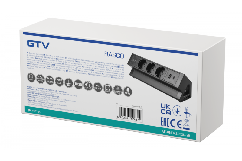 Möbelsteckdose BASCO, 3xSCHUKO, USB A+C, Kabel 1,5 m, schwarz