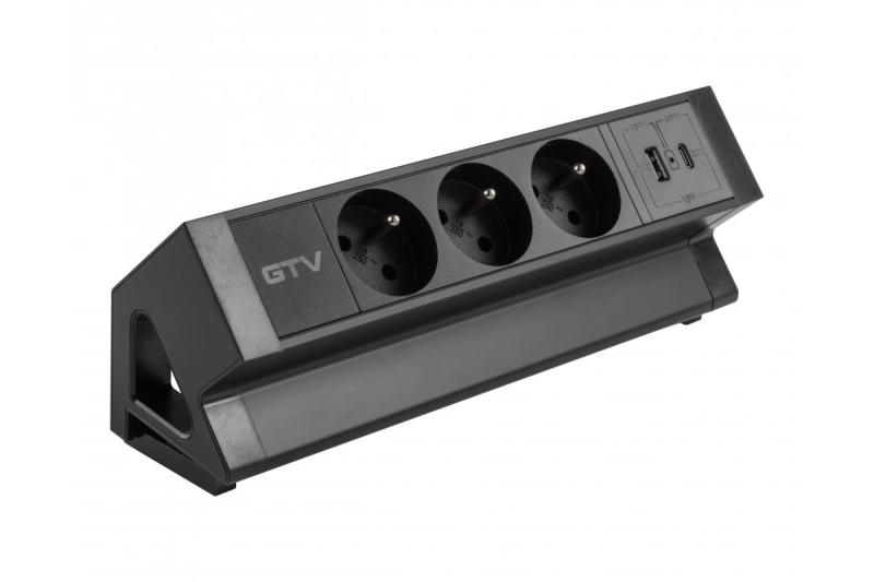 Basco Möbelsteckdose, 3 x Steckdose mit Erdung, USB A+C, 1,5m Kabel, schwarz mit Montage