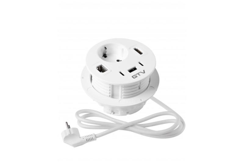 Möbelsteckdose RONDO, 1xSCHUKO, 1xUSB-A, 2xUSB-C, HDMI, RJ45 Kabel 1,5 m, weiß