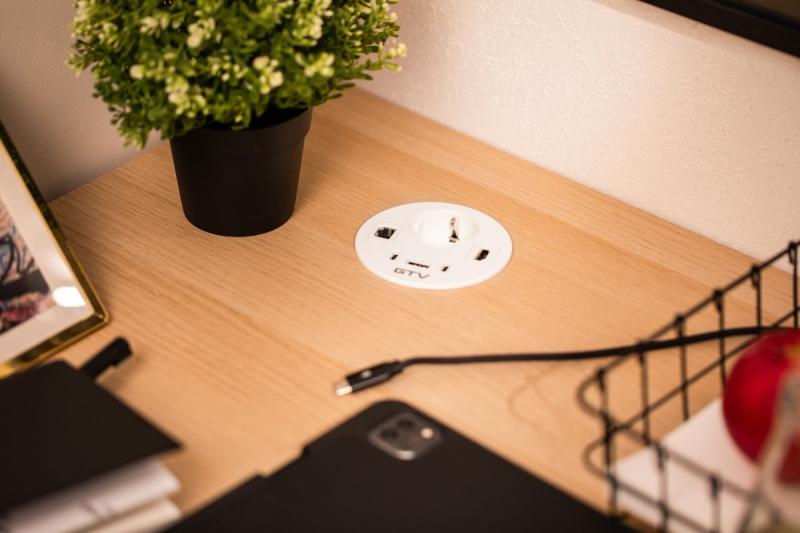 Möbelsteckdose RONDO, 1xSCHUKO, 1xUSB-A, 2xUSB-C, HDMI, RJ45 Kabel 1,5 m, weiß