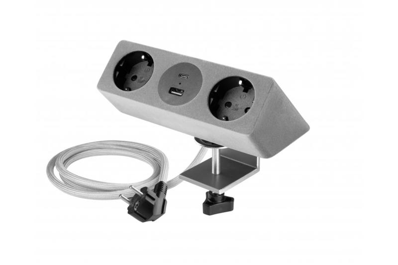 Möbelsteckdose SOFITO, 2xSCHUKO, USB A+C, Kabel 1,5 m, grauer Flock