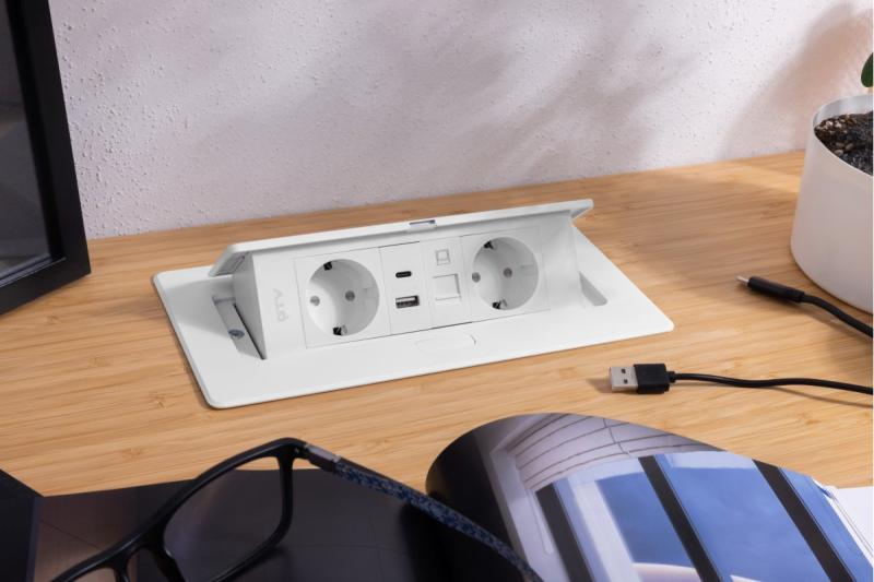 Möbelsteckdose MULTISOFT, 2xSCHUKO, USB A+C, RJ45, Kabel 1,5 m, weiß