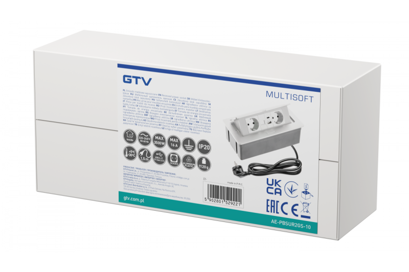 Möbelsteckdose MULTISOFT, 2xSCHUKO, USB A+C, RJ45, Kabel 1,5 m, weiß