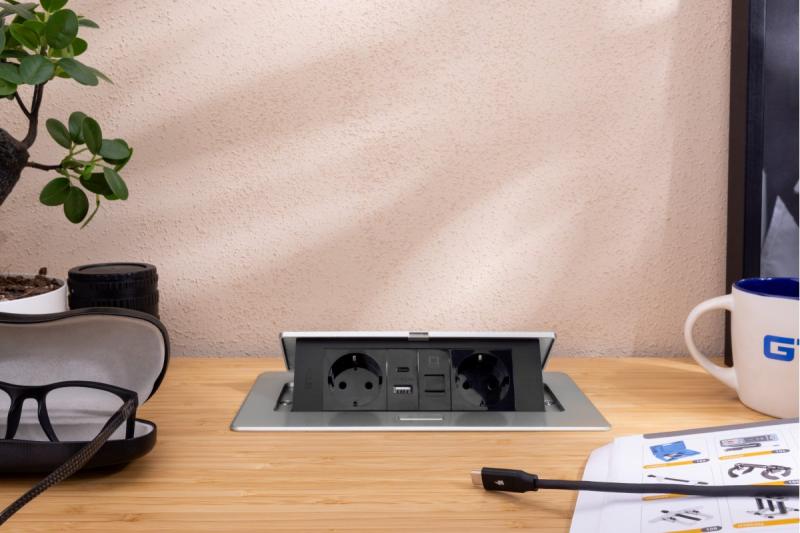 Möbelsteckdose MULTISOFT, 2x SCHUKO, USB A+C, RJ45, Kabel 1,5 m, Aluminium