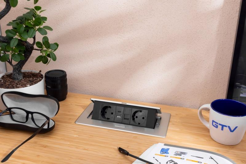 Möbelsteckdose MULTISOFT, 2x SCHUKO, USB A+C, RJ45, Kabel 1,5 m, Aluminium