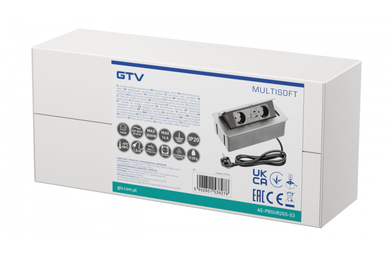 Möbelsteckdose MULTISOFT, 2x SCHUKO, USB A+C, RJ45, Kabel 1,5 m, Aluminium