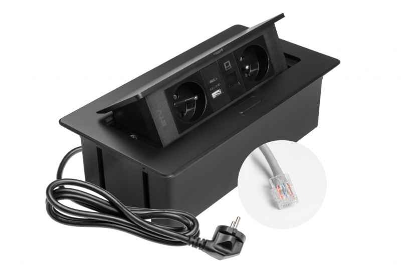 MULTISOFT Möbeleinbausteckdose 2x Steckdose mit Erdung, USB A+C, RJ45, Stromkabel mit Stecker, Schwarz