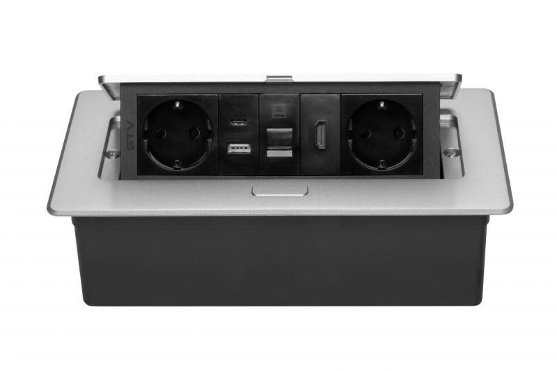 Möbelsteckdose MULTISOFT, 2xSCHUKO, USB A+C, RJ45, HDMI-Kabel 1,5 m, Aluminium