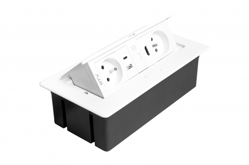 MULTISOFT Möbeleinbausteckdose 2x Steckdose mit Erdung, USB A+C, RJ45, HDMI, Stromkabel mit Stecker, Weiß