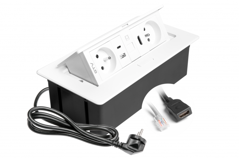 MULTISOFT Möbeleinbausteckdose 2x Steckdose mit Erdung, USB A+C, RJ45, HDMI, Stromkabel mit Stecker, Weiß