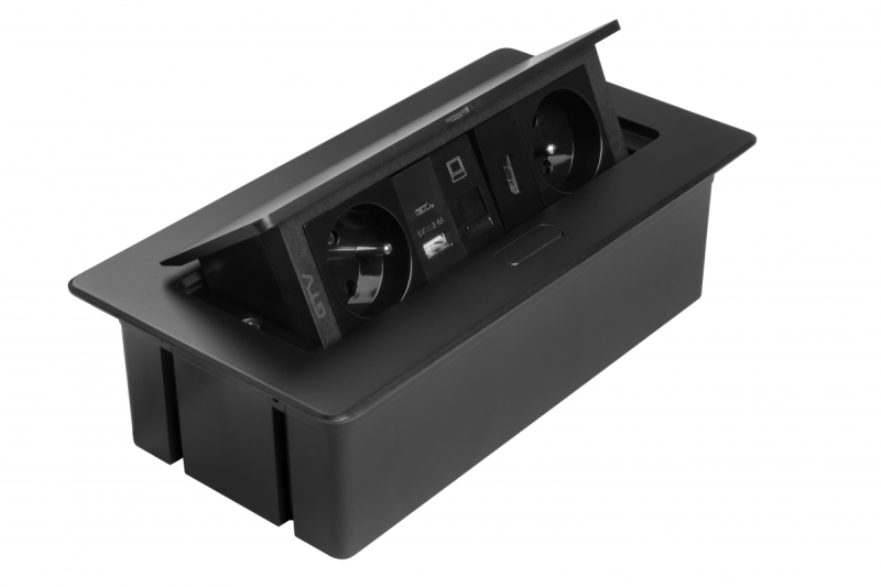 MULTISOFT Möbelsteckdose 2x Steckdose mit Erdung, USB A+C, RJ45, HDMI, Stromkabel mit Stecker, Schwarz