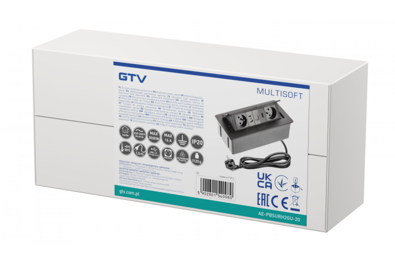 MULTISOFT Möbelsteckdose 2x Steckdose mit Erdung, USB A+C, RJ45, HDMI, Stromkabel mit Stecker, Schwarz