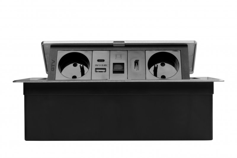 MULTISOFT Möbelsteckdose 2x Steckdose mit Erdung, USB A+C, RJ45, HDMI, Stromkabel mit Stecker, Aluminium